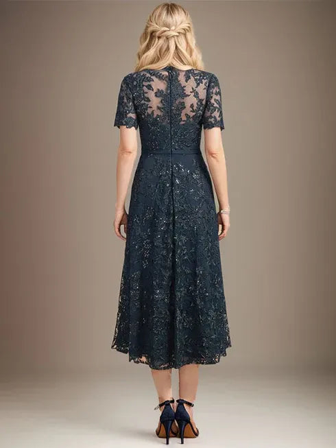 A-line Scoop Illusion Tea-Length Lace Mother of the Bride Dress With Sequins