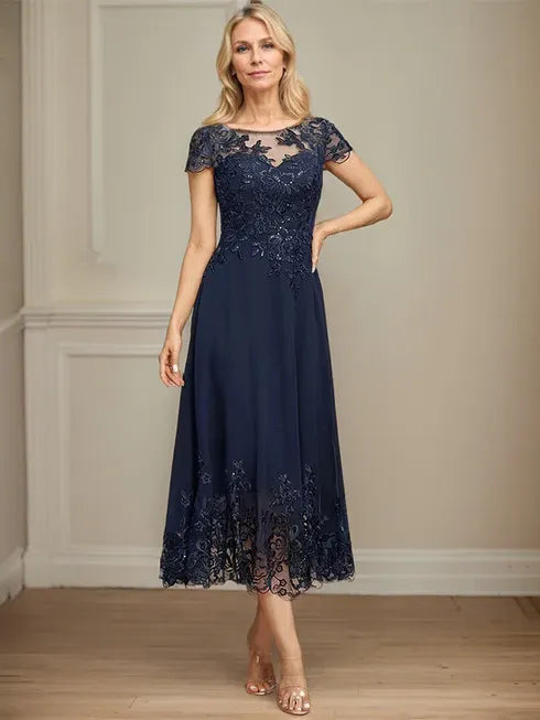 A-line Illusion Scoop Tea-Length Lace Chiffon Mother of the Bride Dress With Sequins