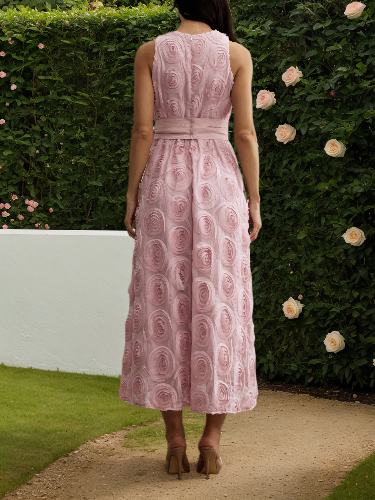 Pink Rosette Applique Sleeveless Maxi Dress