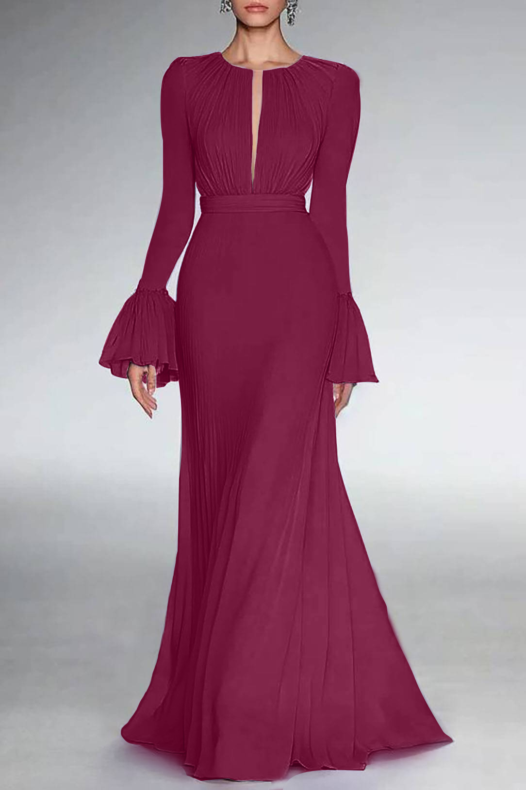 Party Formal Dress Purple Deep V-Neck Long Sleeve Ruffle Maxi Dress