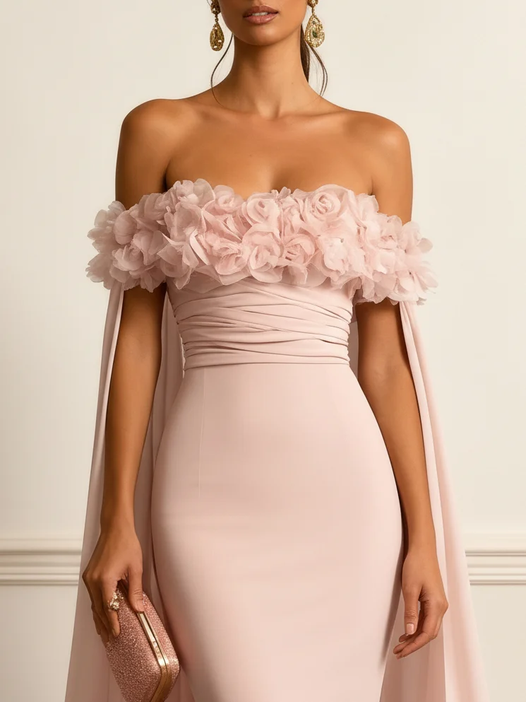 Pink 3D Floral Ruched Classic Off The Shoulder Short Sleeve Mermaid Gown Dress
