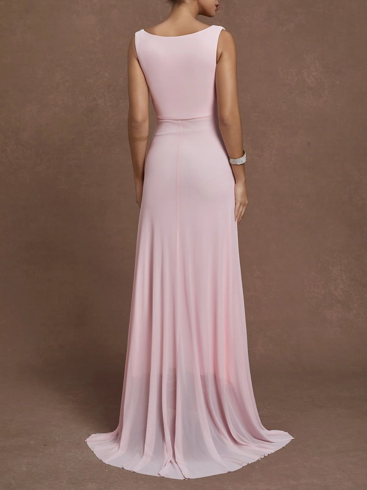 Pink Ruched Slit Tulle Cowl Neck Sleeveless A-Line Gown Dress