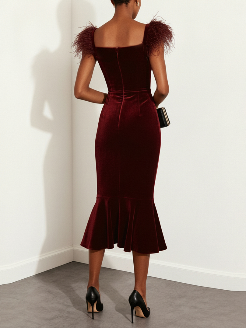 Wine Red Feather Velvet Square Neck Sleeveless Mermaid Midi Dress