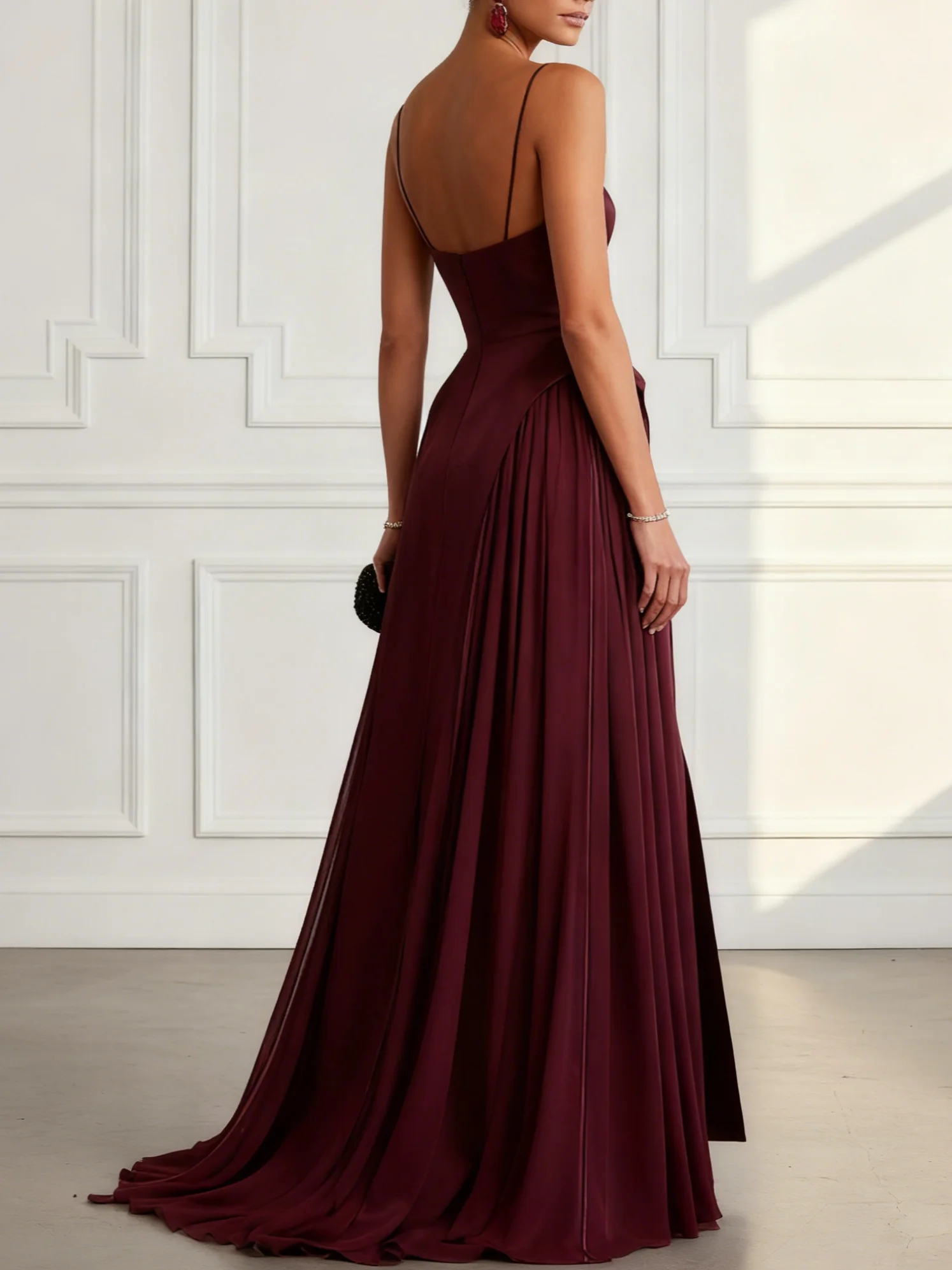 Burgundy Split Joint Mesh Satin Spaghetti Gallus A-Line Gown Dress