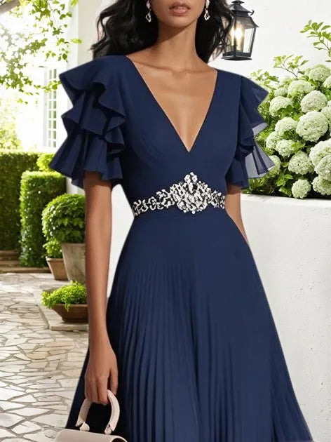 Purplish blue Pleated Rhinestone Chiffon V Neck Short Sleeve A-Line Maxi Dress