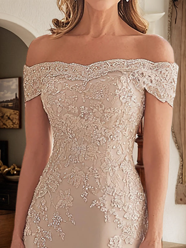 Elegant Taupe Off The Shoulder Sheath Mother of the Bride Dress with Lace