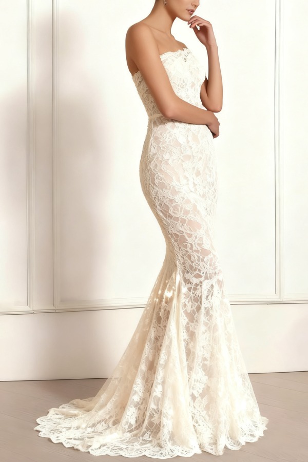 Evening Formal Dress White Mermaid Off the Shoulder Lace Maxi Dress