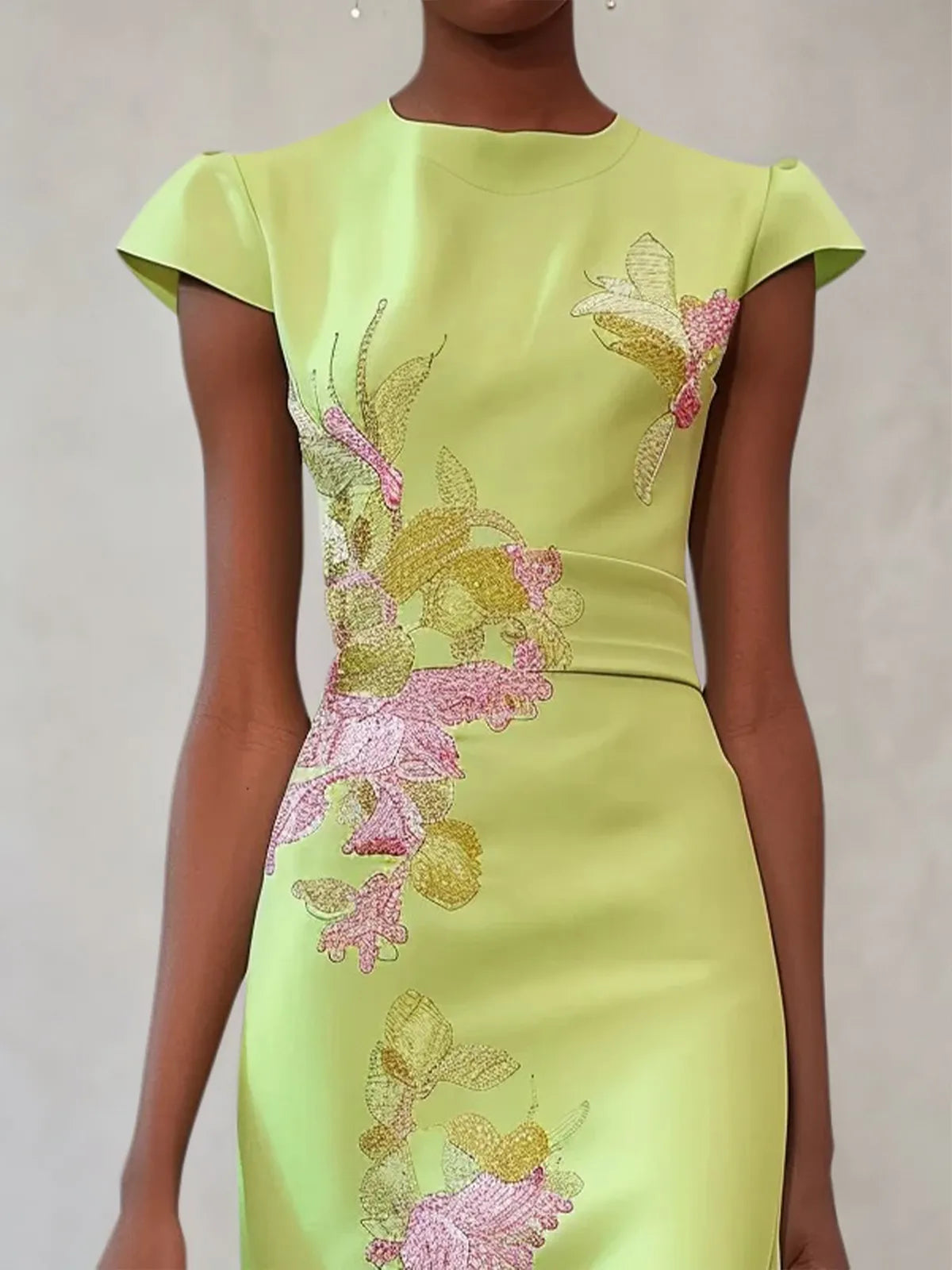 Green Floral Embroidered Cap Sleeve Slit Sheath Maxi Dress