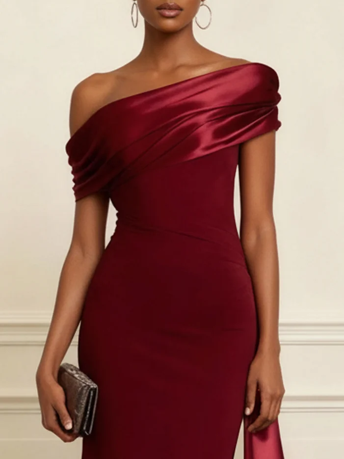 Wine Red Ruffled Classic One Shoulder Short Sleeve Mermaid Maxi Dress