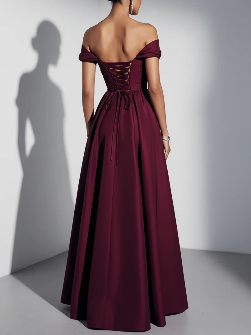Burgundy Gathered Slit Satin Off The Shoulder Sleeveless A-Line Maxi Dress
