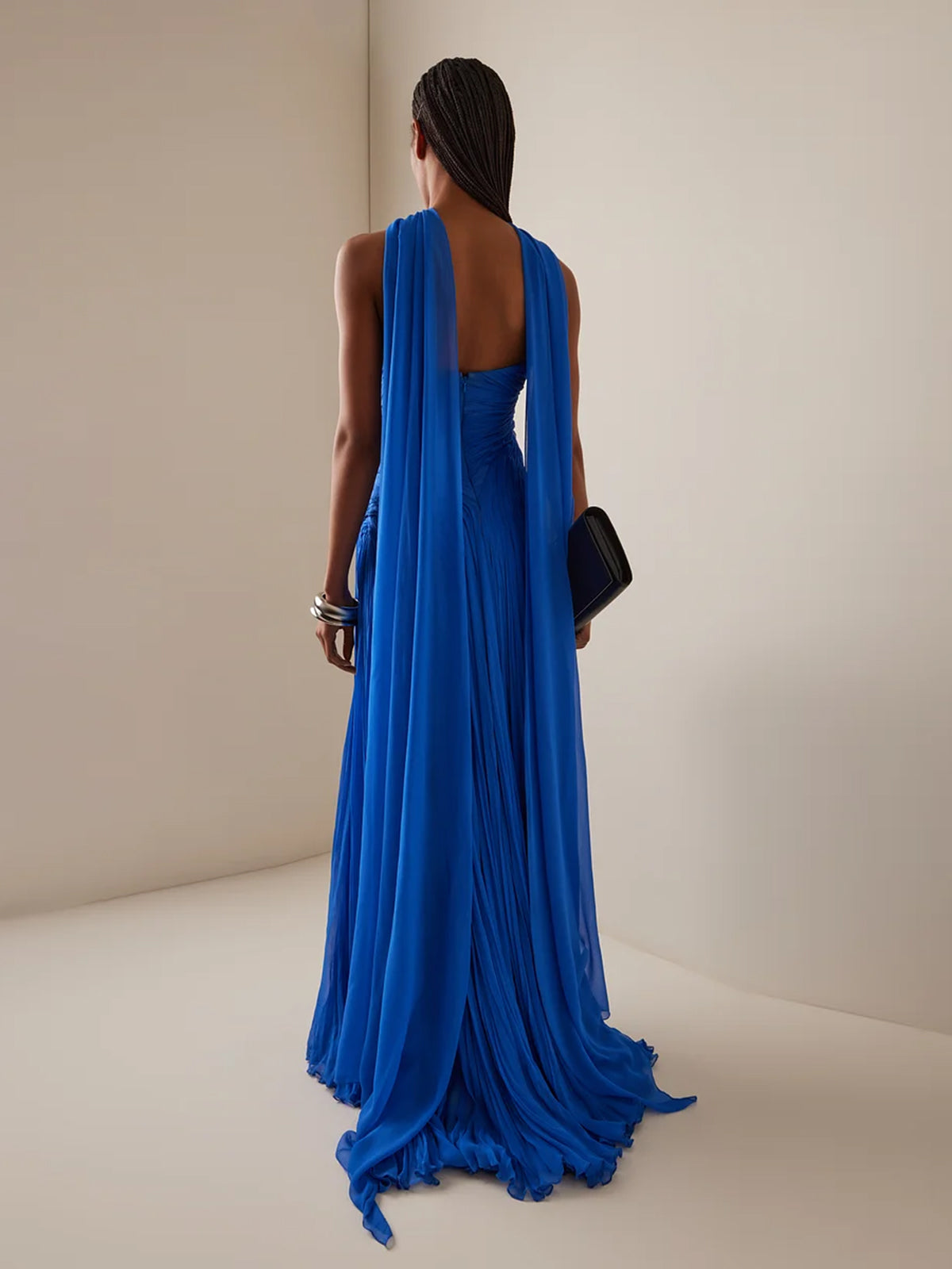 Blue Chiffon A Line Off The Shoulder Sleeveless Floor Length Pleated Dress
