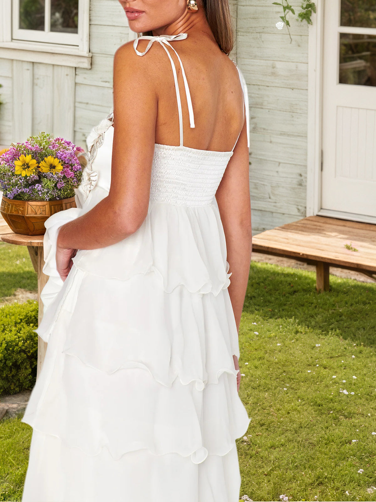 White Embroidered Chiffon Ruffle Maxi Dress