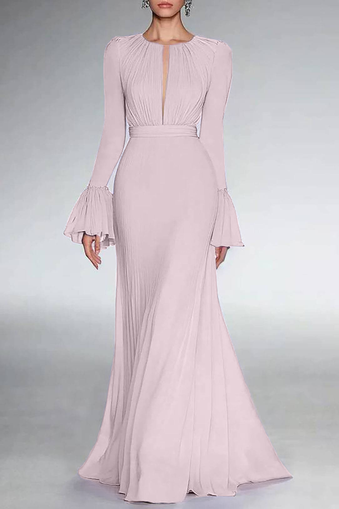 Party Formal Dress Purple Deep V-Neck Long Sleeve Ruffle Maxi Dress