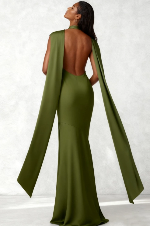Evening Formal Dress Mermaid Olive Halter Satin Scarf Maxi Dress