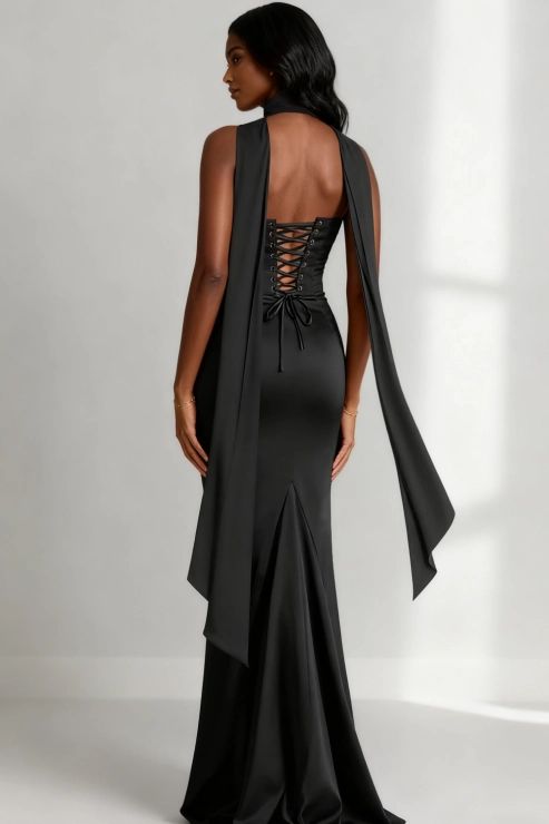 Evening Formal Dress Black Strapless Satin Maxi Dress with Scarf