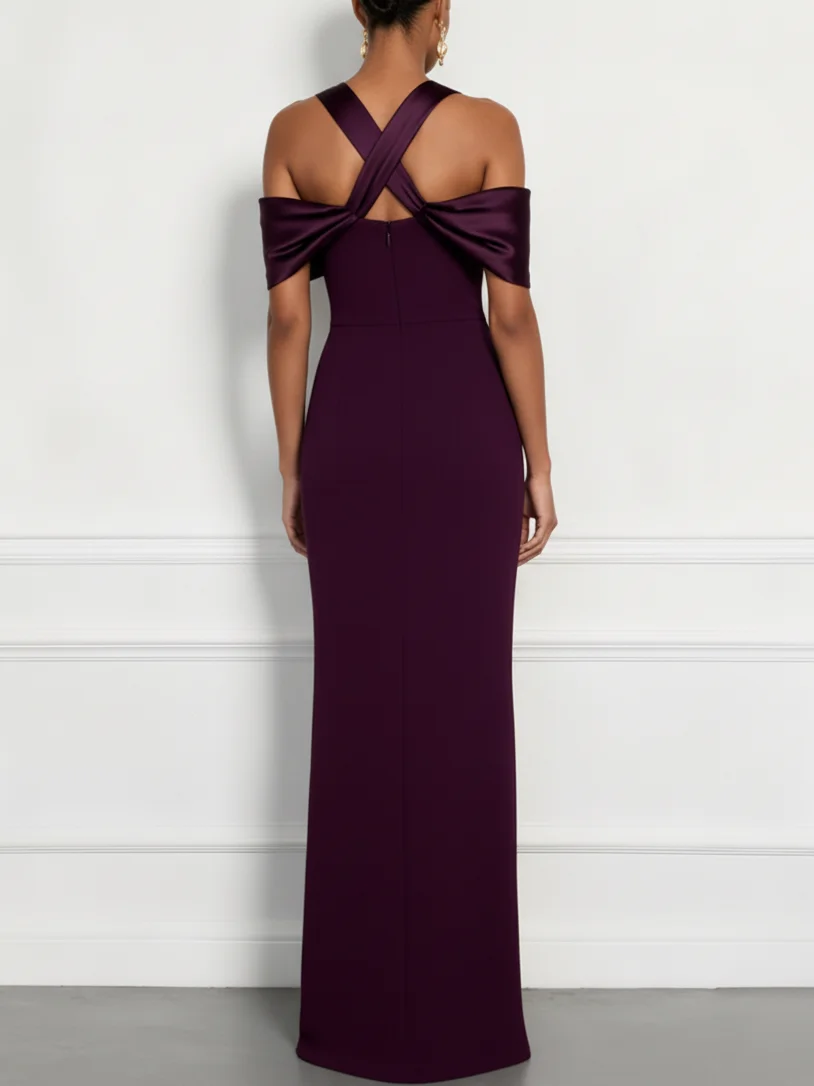 Burgundy Cross Split Joint Classic Off The Shoulder Sleeveless Sheath Maxi Dress