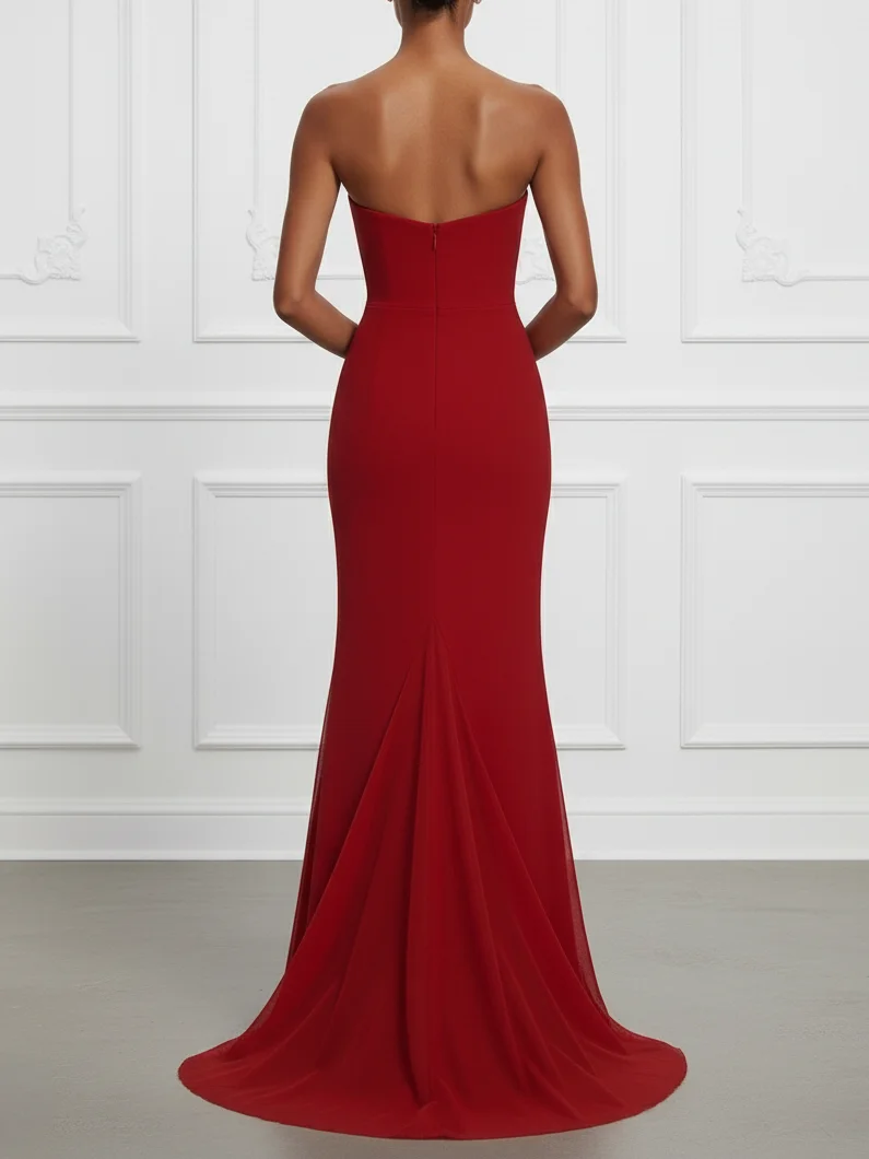 Red Split Joint Classic Strapless Sleeveless Mermaid Gown Dress