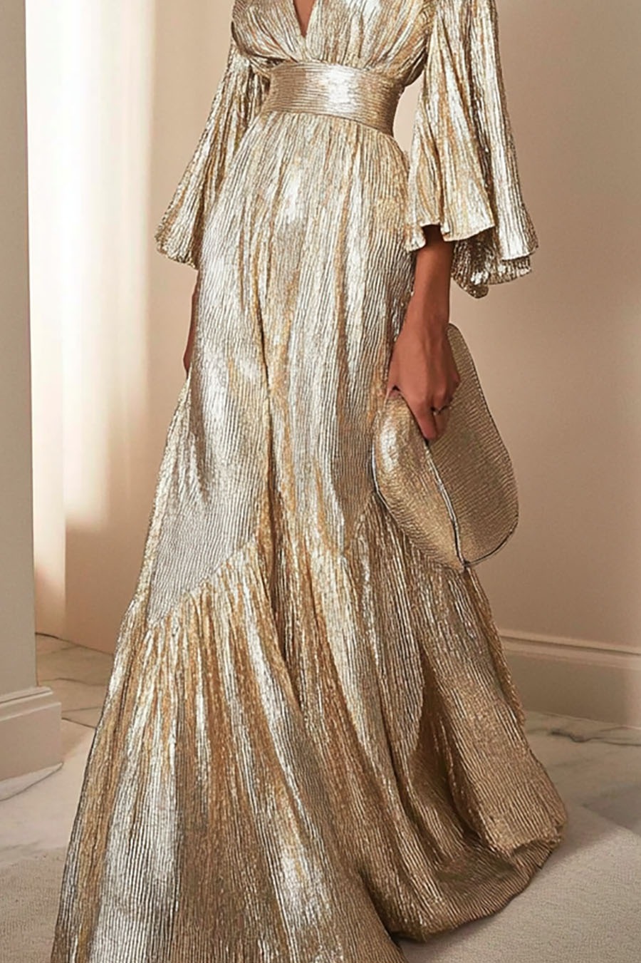 Party Evening Dress Ruffled Deep V Metallic Pleated Maxi Gown