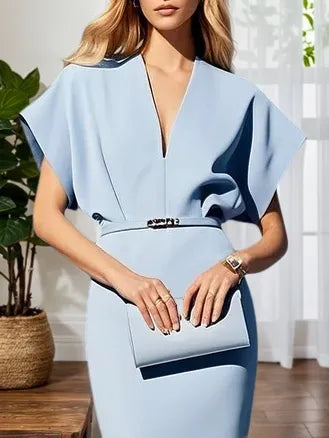 Light Blue Classic V Neck Short Sleeve Dolman Sleeve Sheath Midi Dress