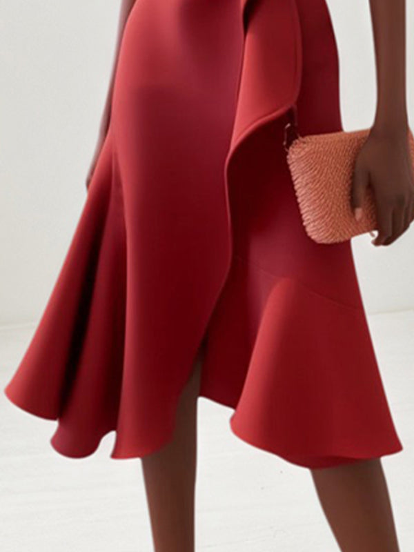 A Line Red Stretch Crepe Round Neck Sleeveless Knee Length Dress