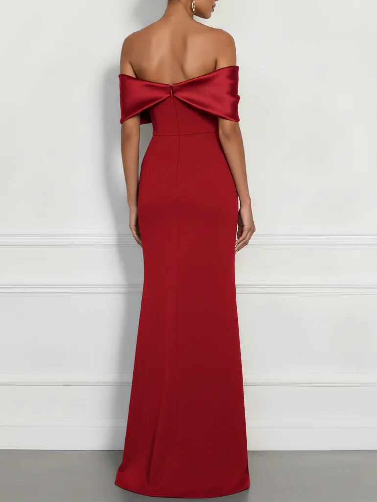 Red Knot Bow Classic Off The Shoulder Sleeveless Mermaid Gown Dress