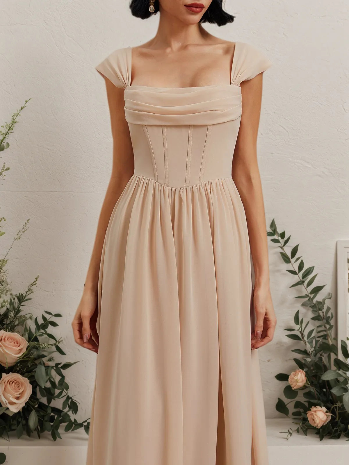 Pink Classic Square Neck Sleeveless A-Line Maxi Dress