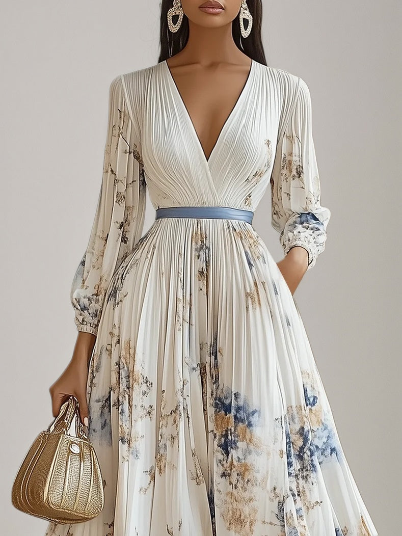White Pleated Chiffon V Neck Floral Long Sleeve Balloon Sleeve A-Line Maxi Dress