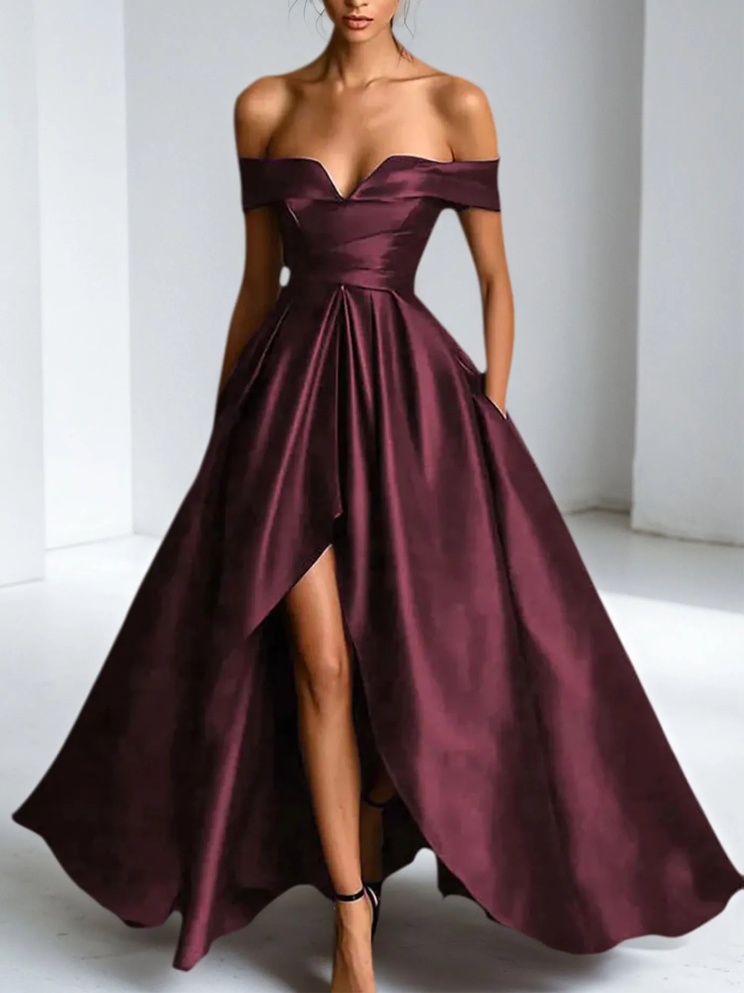 Formal Dress A Line Satin Off The Shoulder Slit Maxi Dress