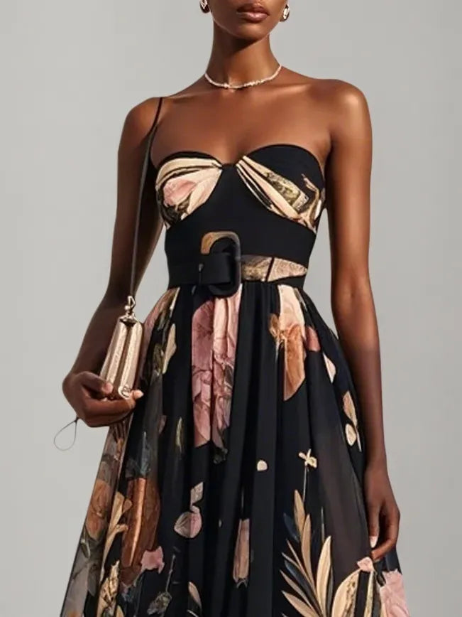 Black Floral Chiffon Strapless Sleeveless A-Line Midi Dress