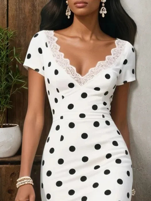 White Lace Classic V Neck Short Sleeve Sheath Midi Dress