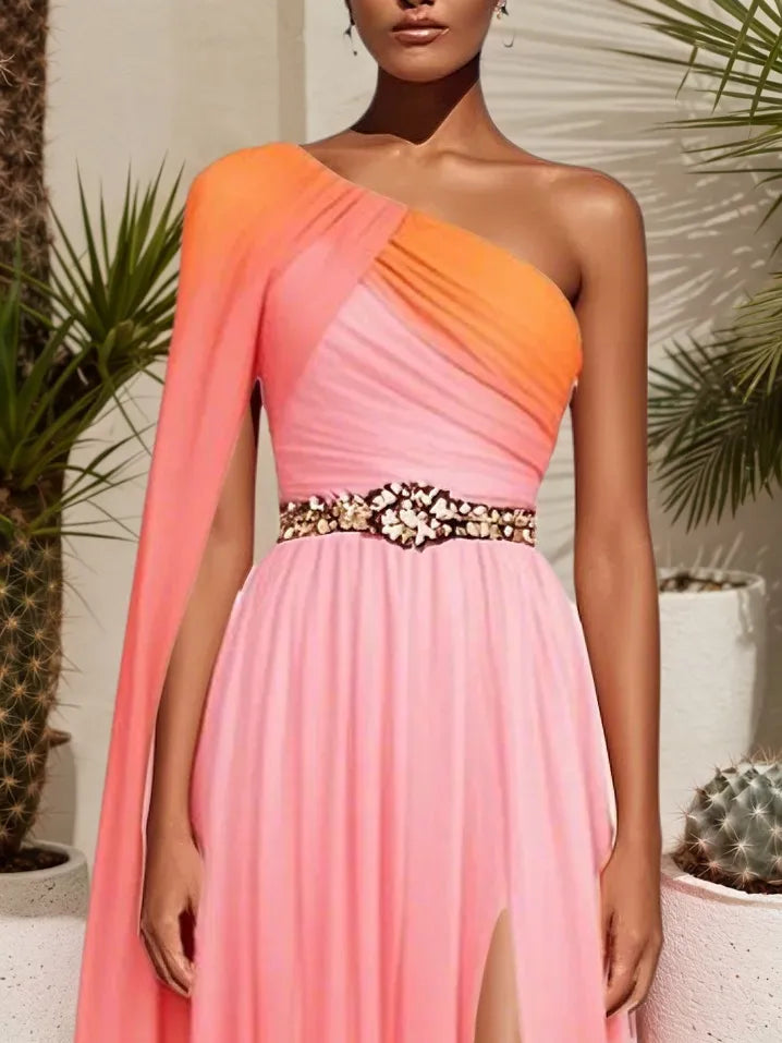 Pink Side-Slit One Shoulder Sleeveless A-Line Gown Chiffon Dress