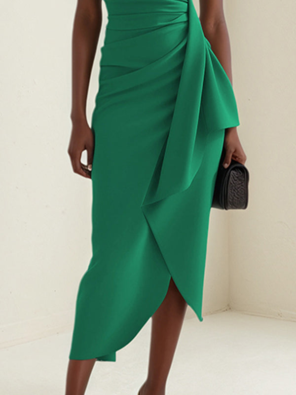 Green Stretch Crepe Cowl Neck Short Sleeves Asymmetrical Length Dress With Ruffled