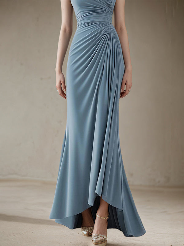 Wedding Guest Party Dress Blue V-Neck Sleeveless Asymmetric Pleated Dress