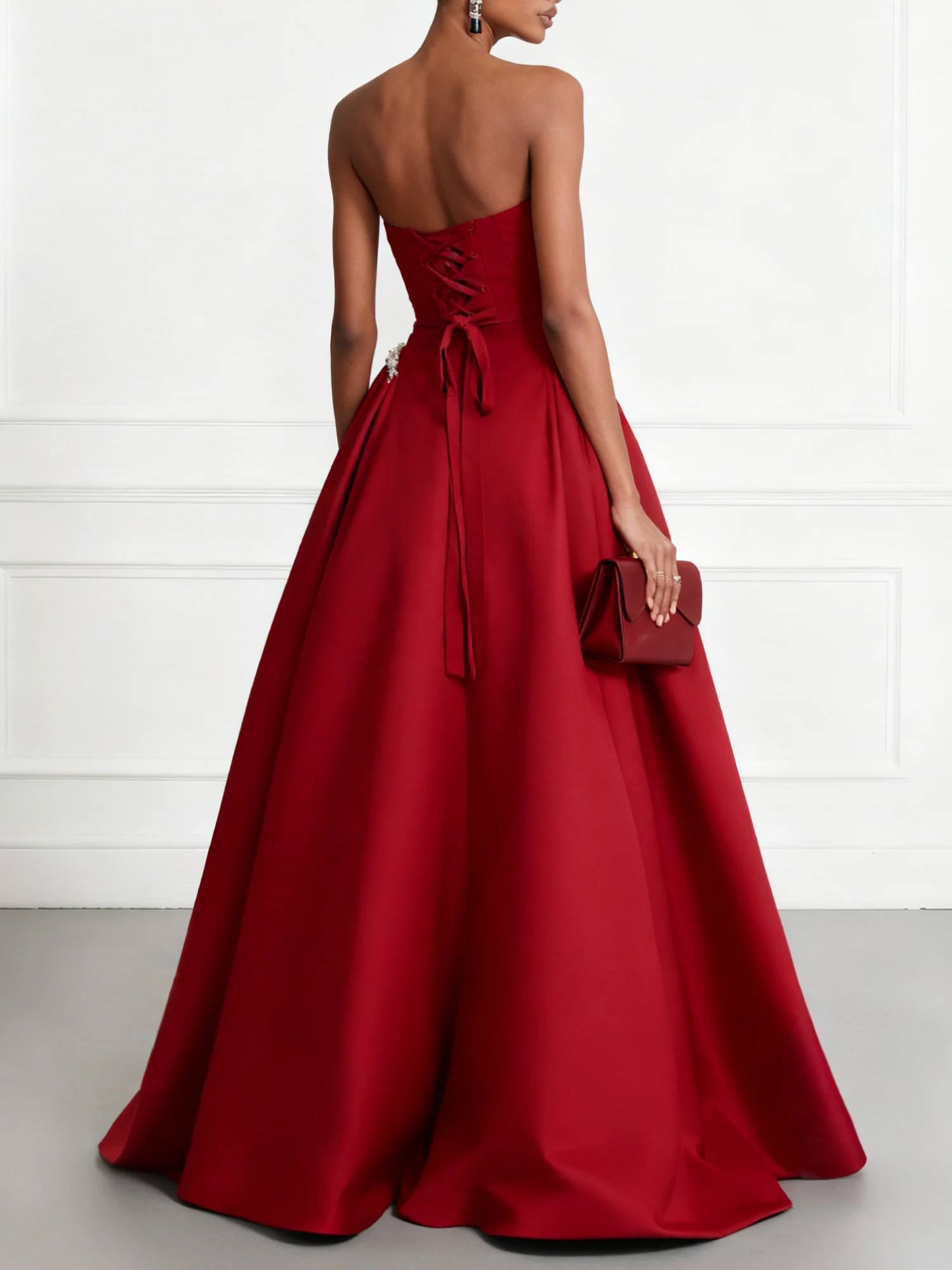 Red Faux Pearl Split Joint Satin Strapless Sleeveless A-Line Maxi Dress