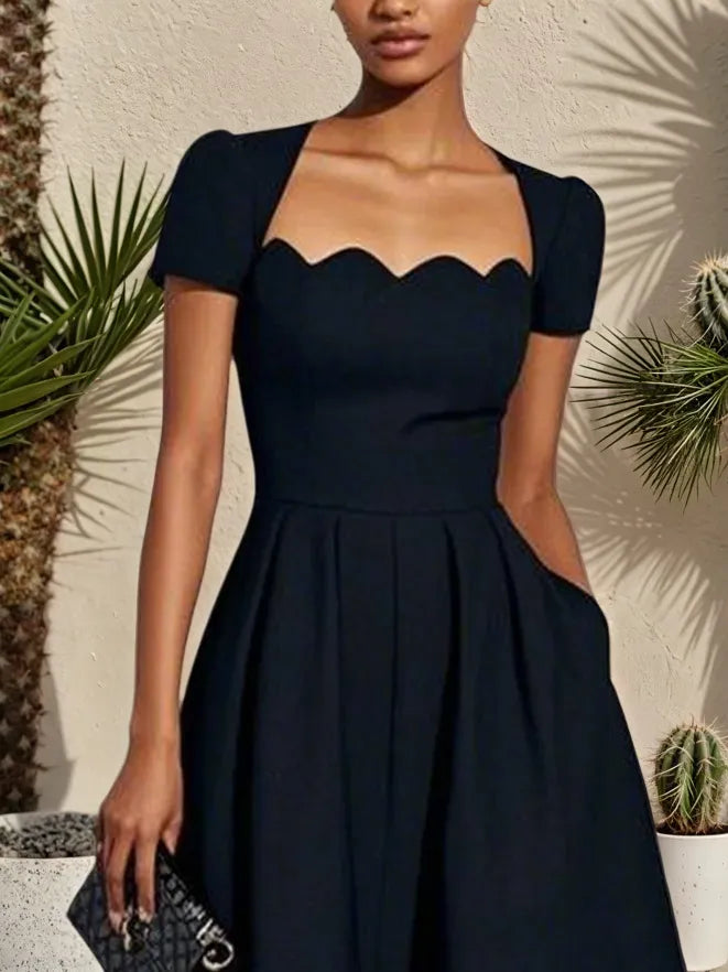 Black Irregular Craftsmanship Classic Square Neck Short Sleeve A-Line Midi Dress