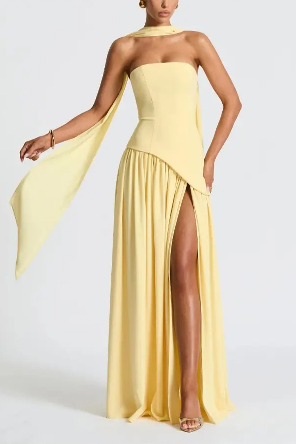 Strapless Slit Ribbon Maxi Dress