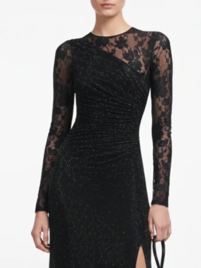 Black Hot Drilling Lace Classic Crew Neck Long Sleeve Sheath Maxi Dress