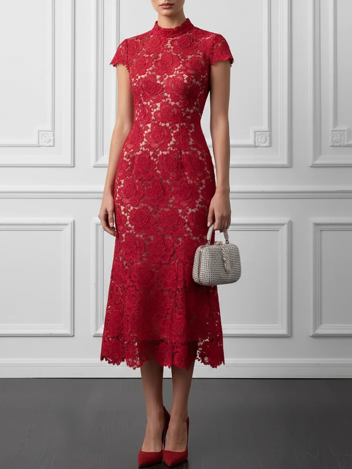 Red Lace Mock Neck Short Sleeve Mermaid Midi Dress