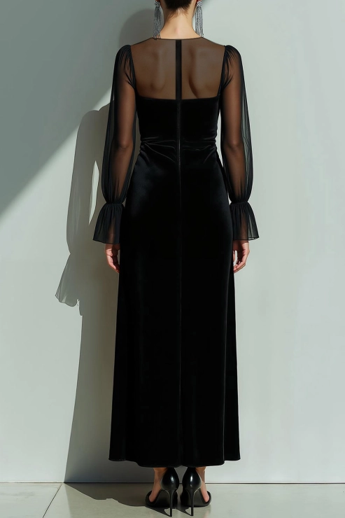 Black Formal Dress Sheath Sheer Sleeve Velvet Maxi Dress with Slit