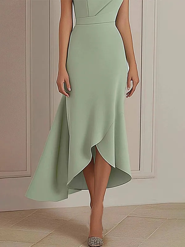 Daily Party Dress Sage Green Round Neck Asymmetric Midi Dress