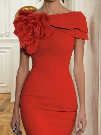 Red 3D Floral Boat Neck Short Sleeve Sheath Midi Dress