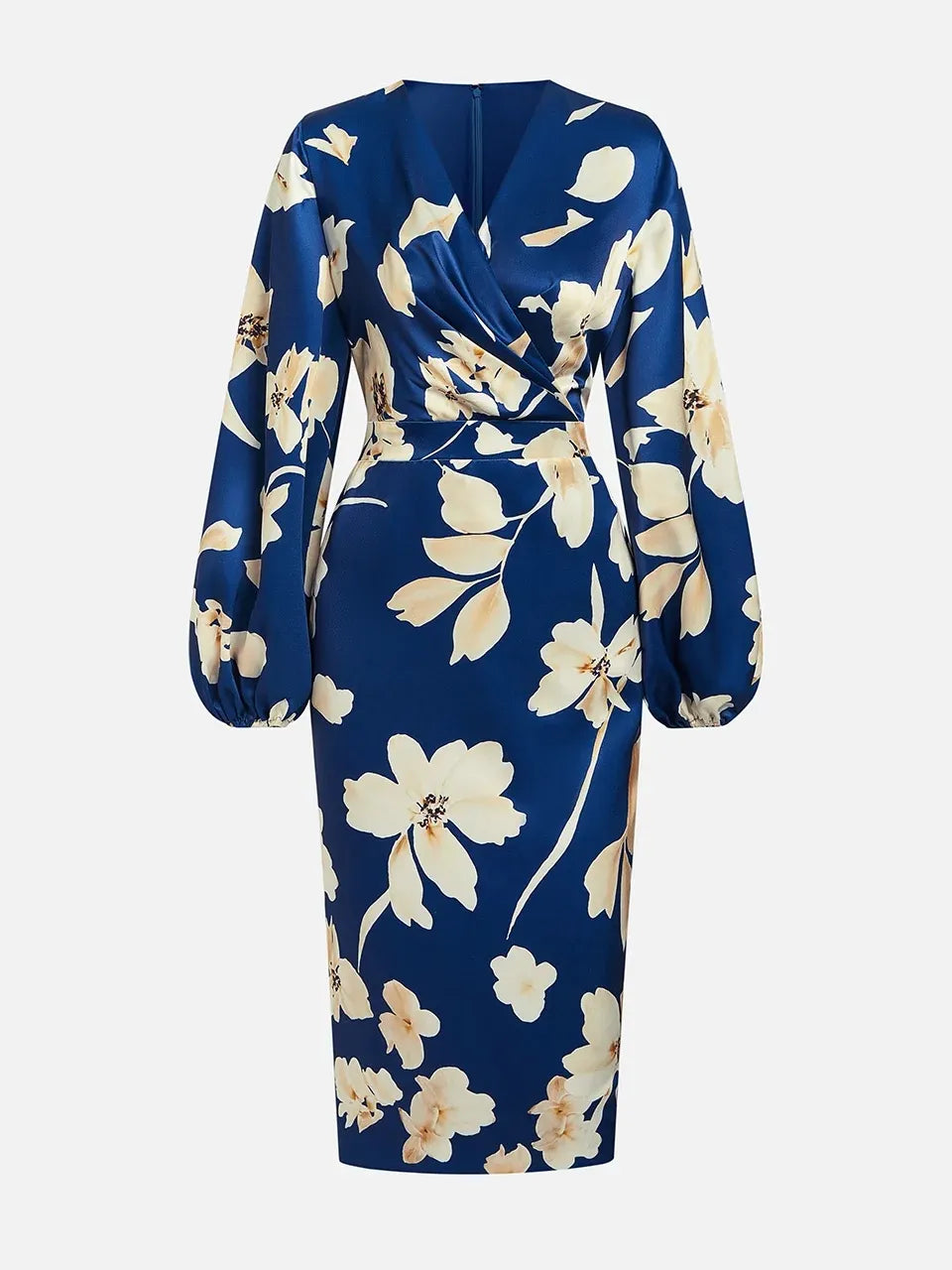 Blue Floral V Neck Balloon Sleeve Midi Sheath Satin Dress