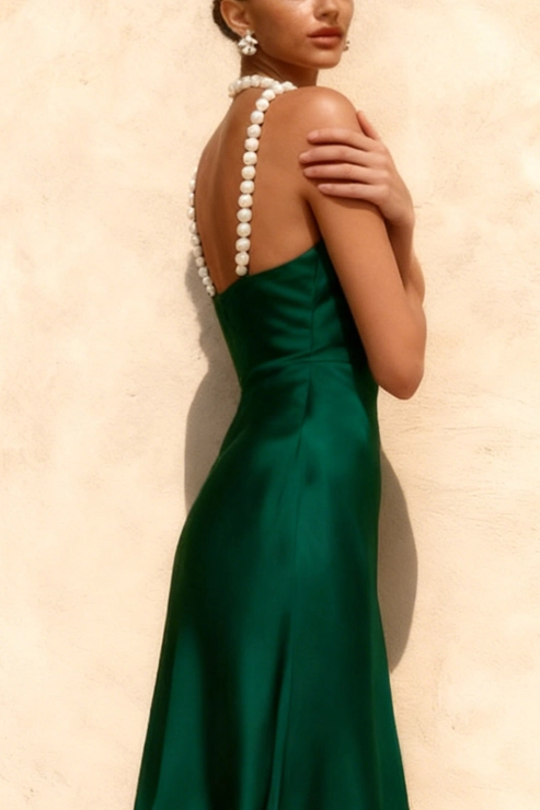 Emerald Green Formal Dress Beaded Spaghetti Straps Satin Midi Dress