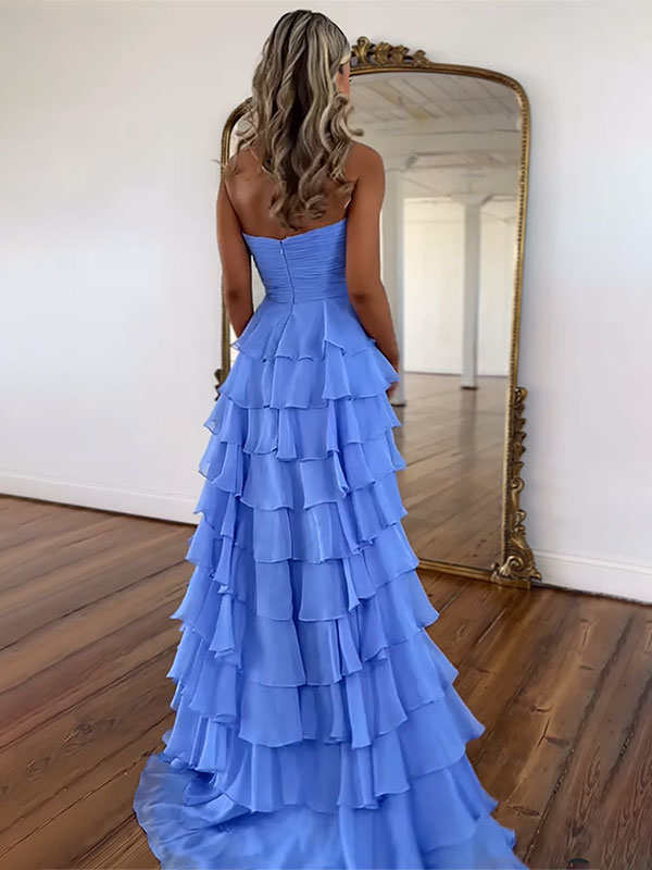 A-Line Sweetheart Chiffon Tiered Long Prom Dress with Slit