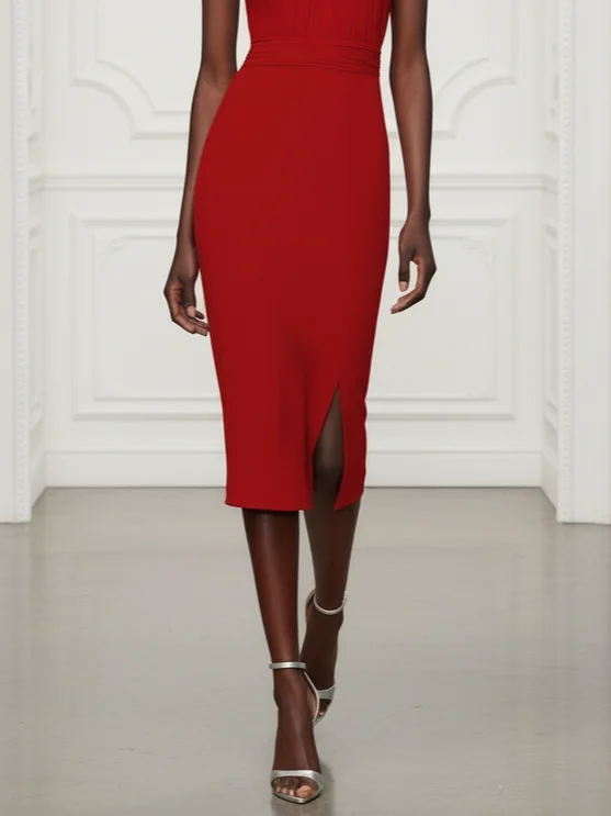 Red 3D Floral Ruched Knit Halter Sleeveless Sheath Midi Dress