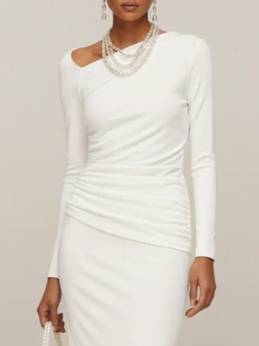 White Ruched Knit Asymmetrical Long Sleeve Sheath Gown Dress