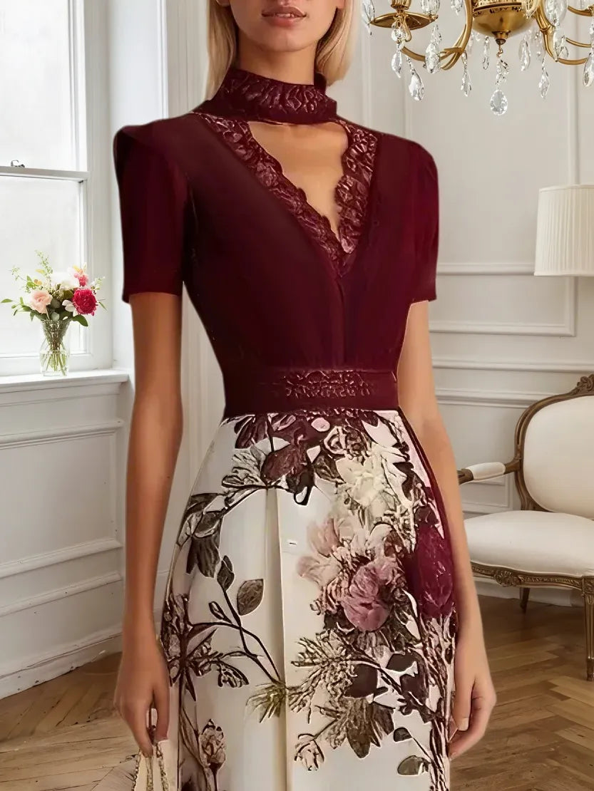 Wine Red Lace Floral Satin V Neck Short Sleeve A-Line Maxi Dress
