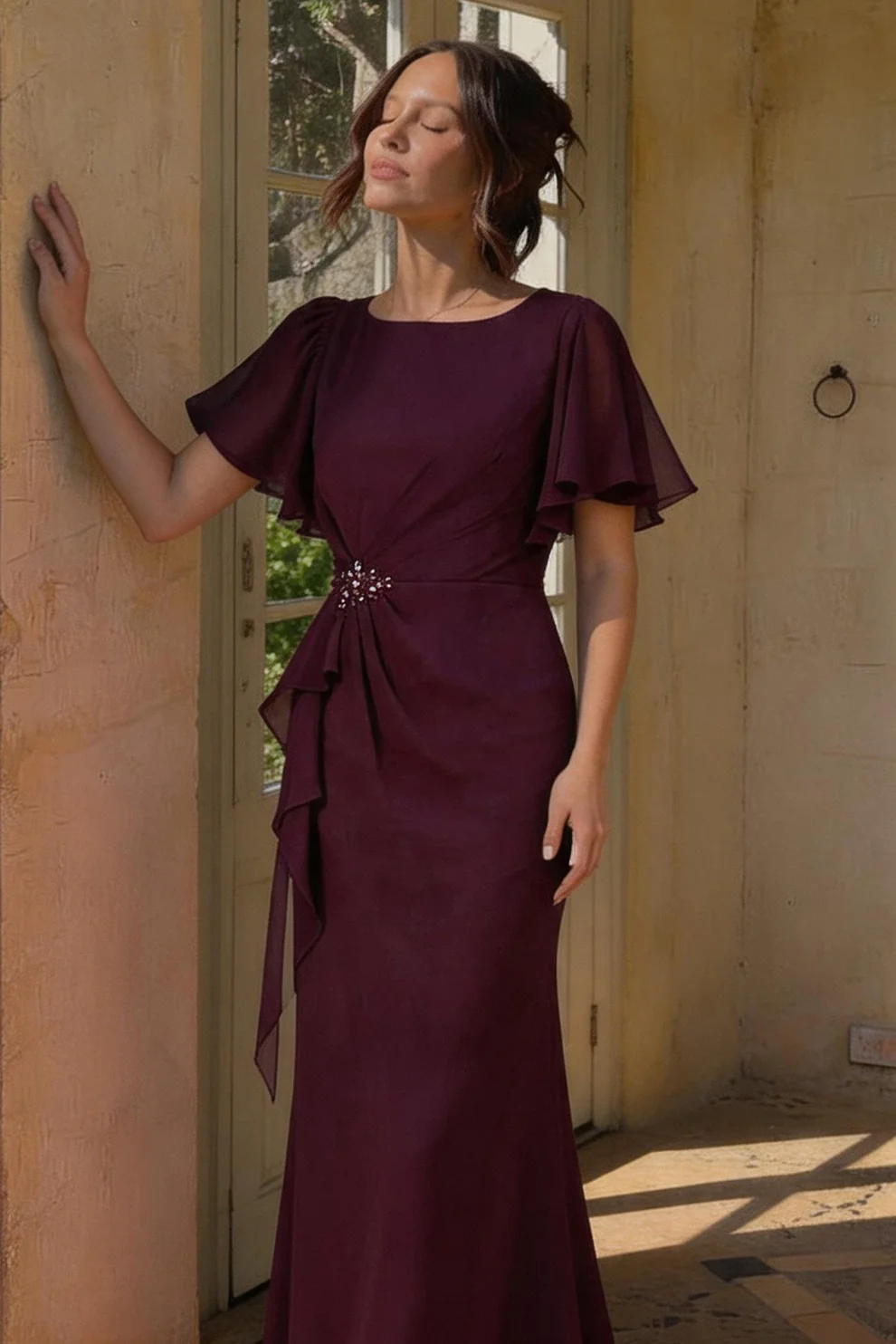 Ruffled Flutter Sleeve Crystal Waist Floor Length Evening Gown