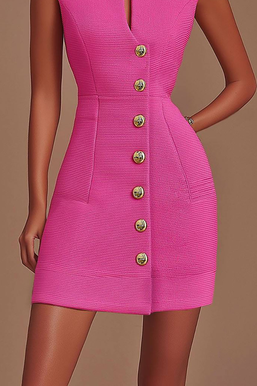 Semi-formal Work Pink Dress Tweed Buttoned Sleeveless Mini Dress
