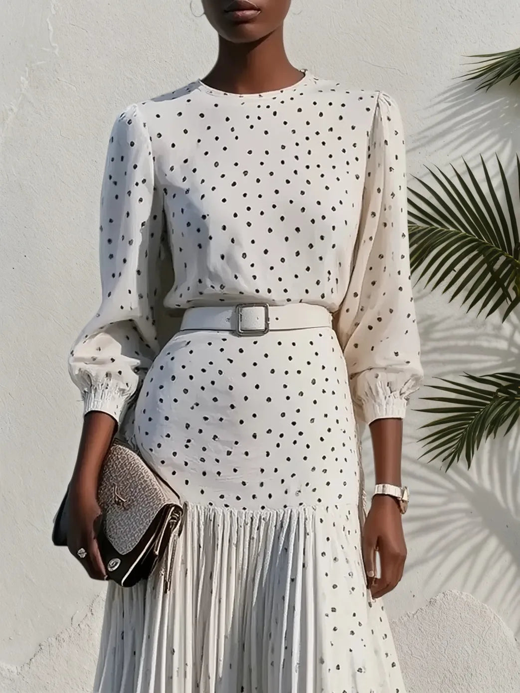 White Pleated Polka Dots Classic Crew Neck Long Balloon Sleeve A-Line Midi Dress